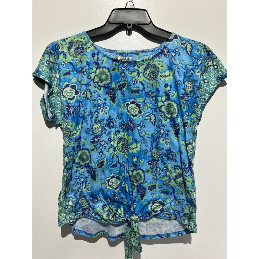 One World Womens Blue Green Floral‎ Front Tie Knot Short Sleeve Top Size S